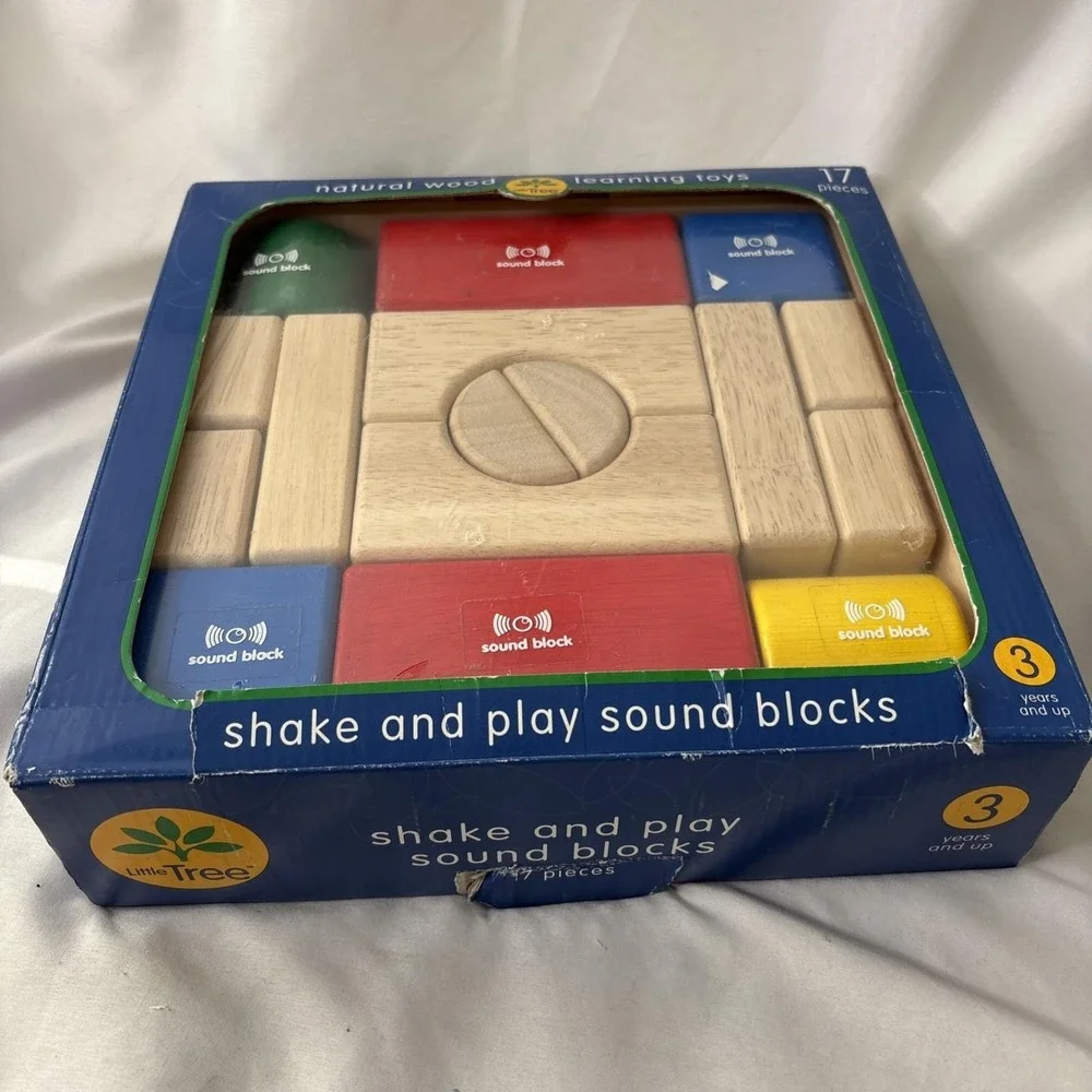 Vtg Little Tree Natural Wood Learning Toys Shake & Play Sound‎ Blocks 17 Pc NEW